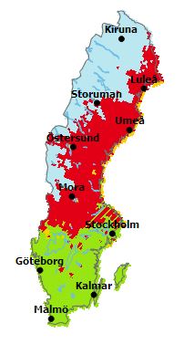 Exempelkarta över Sverige med färgmarkerade områden som indikerar olika nivå av brandrisk.